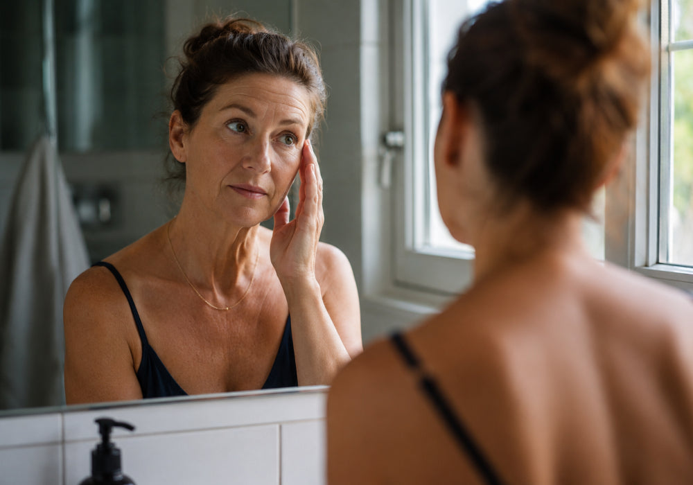 A woman looking at herself in the bathroom mirror as she touches her face.