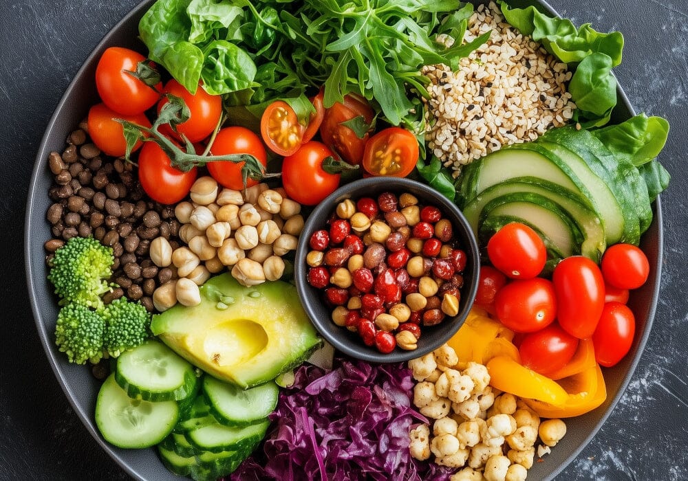 A plate of colourful vegetables, beans and whole grains