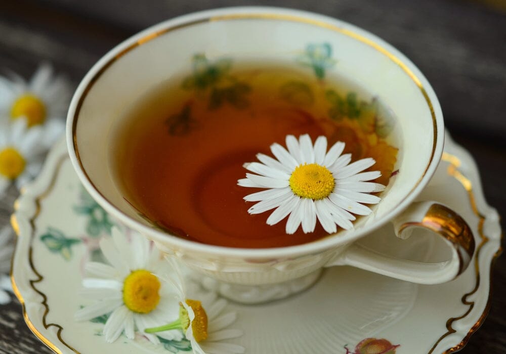 A cup and saucer with chamomile tea and flowers