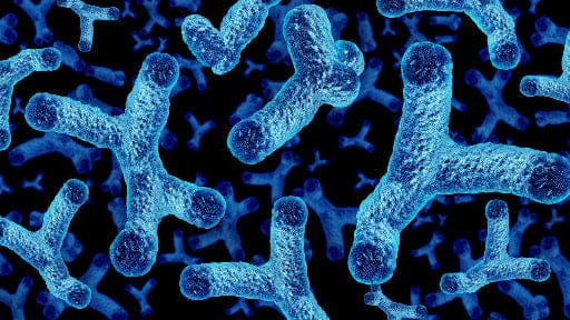 Close-up of blue molecular structures on a black background